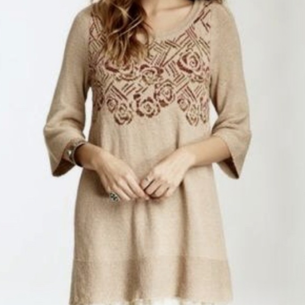 Free People Tan Knit Rose Tunic Top - Picture 2 of 11